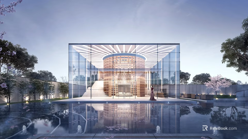 Modern Sales Office Building Design With Glass Curtain Wall Water Pool And Greenery Reflection 3d model