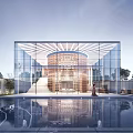 Modern Sales Office Building Design With Glass Curtain Wall Water Pool And Greenery Reflection 3d model