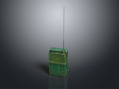 Two Green Stacked Boxes With Long Antenna On Reflective Surface 3d model