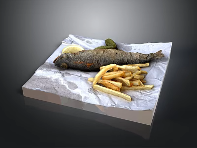 Grilled Fish Served with Crispy French Fries Lemon Wedge and Pickle on Paper 3d model