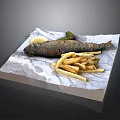 Grilled Fish Served with Crispy French Fries Lemon Wedge and Pickle on Paper