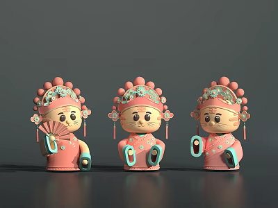Cute Reptile Cartoon Characters In Pink Traditional Costumes With Decorative Hats And Fans 3d model