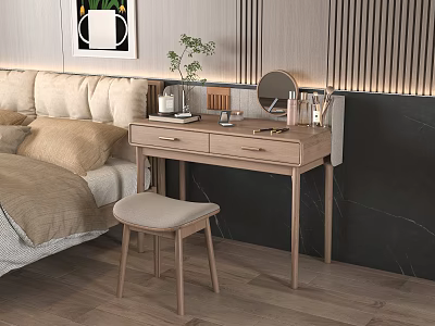 Wooden Dressing Table In Modern Bedroom With Round Mirror Padded Stool Small Plant And Cosmetics 3d model