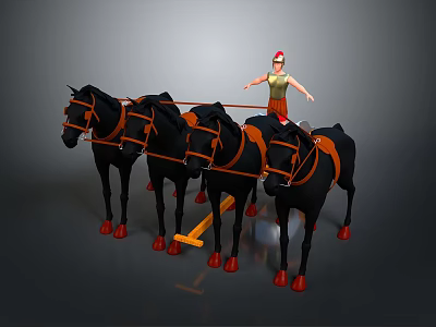 Detailed Ancient Chariot Pulled by Four Black Horses with Standing Charioteer 3d model