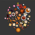 Colorful Collection Of Various Delicious Foods With Snacks Desserts And Main Dishes