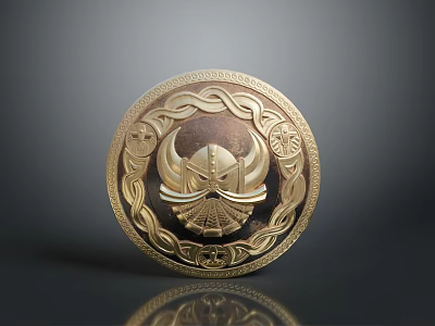 Weapon Themed Circular Golden Emblem With Decorative Patterns And Crossed Helmet Design 3d model