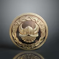 Weapon Themed Circular Golden Emblem With Decorative Patterns And Crossed Helmet Design