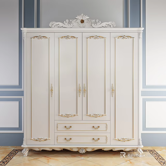 Elegant Classic White Wardrobe With Gold Accents Carved Doors And Drawers 3d model 
