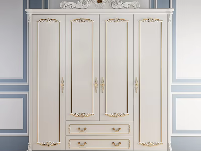 Elegant Classic White Wardrobe With Gold Accents Carved Doors And Drawers 3d model