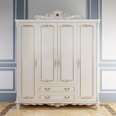 Elegant Classic White Wardrobe With Gold Accents Carved Doors And Drawers 3d model