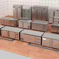 Stainless Steel Commercial Kitchen Equipment with Refrigerators Display Cabinets and Worktables on Red Tiled Floor
