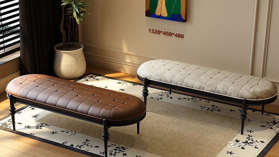 Stylish Ottoman Benches Brown Leather And Light Gray Padded With Wooden Legs On Decorative Rug 3d model 