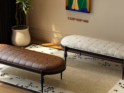Stylish Ottoman Benches Brown Leather And Light Gray Padded With Wooden Legs On Decorative Rug 3d model