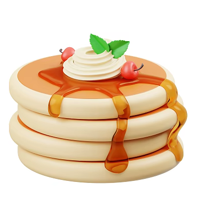 Stack Of Fluffy Pancakes Topped With Whipped Cream Cherries And Mint Leaves With Syrup 3d model