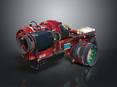 Red Mechanical Weapon With Metallic Structure Black Components And Green Wheels 3d model