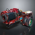 Red Mechanical Weapon With Metallic Structure Black Components And Green Wheels