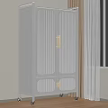 White Cabinet With Glass Doors And Golden Handles Holding Kitchenware Near Window Curtains