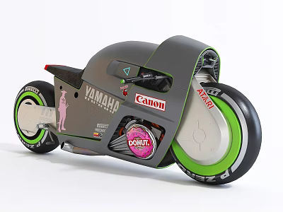YAMAHA Modern Gray Motorcycle With Green Wheels And Canon Arrow Doritos Logos 3d model