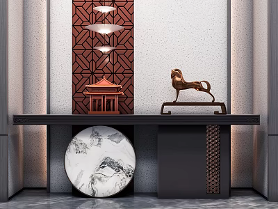 Elegant Console Table With Brass Lion Ornament Geometric Screen Lighting And Marble Decor 3d model