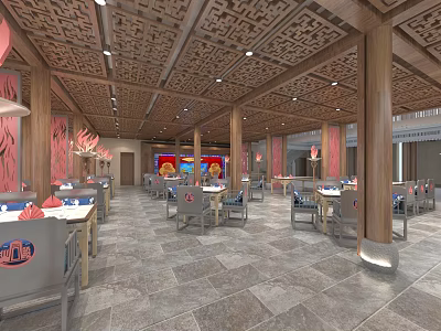 Spacious Chinese Style Restaurant Interior Featuring Carved Wooden Ceiling Red Decor And Dining Tables 3d model
