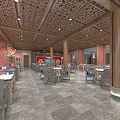 Spacious Chinese Style Restaurant Interior Featuring Carved Wooden Ceiling Red Decor And Dining Tables