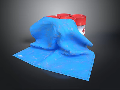 Blue Cloth Covering Red Buckets With White Labels On Dark Background 3d model