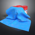 Blue Cloth Covering Red Buckets With White Labels On Dark Background