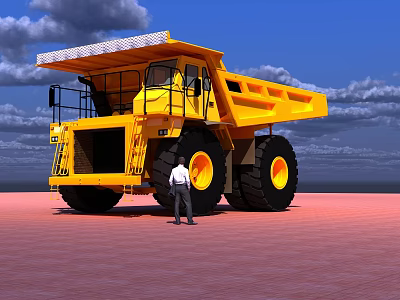Yellow Mining Truck With Large Tires And Man Standing At Worksite 3d model