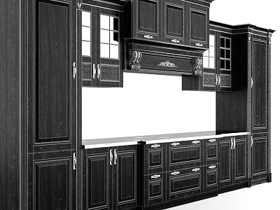 Traditional Dark Wood Kitchen Cabinets With Glass Doors And Carved Details 3d model