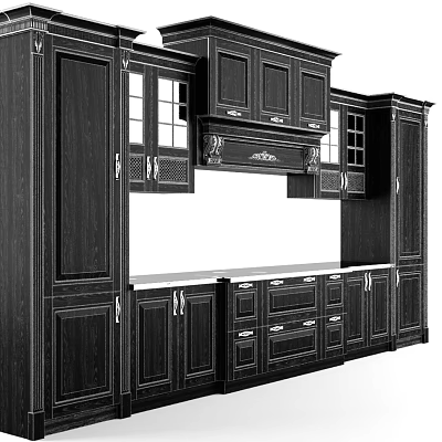 Traditional Dark Wood Kitchen Cabinets With Glass Doors And Carved Details 3d model