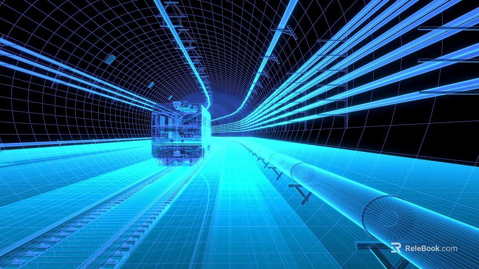 Futuristic High Speed Train Moving Through Blue Lines Grid Structure Tunnel 3d model 