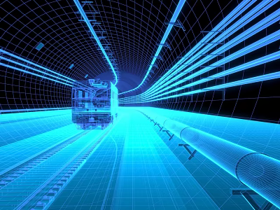Futuristic High Speed Train Moving Through Blue Lines Grid Structure Tunnel 3d model