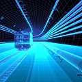Futuristic High Speed Train Moving Through Blue Lines Grid Structure Tunnel 3d model