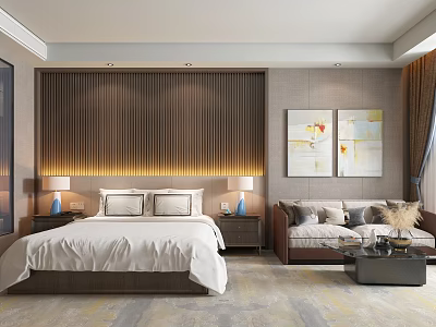 Hotel Guest Room With Wooden Headboard Wall Decorative Paintings Sofa Table Lamps And Comfortable Bed 3d model