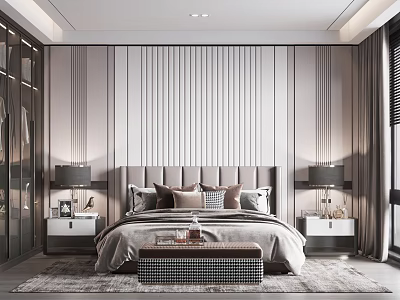Elegant Modern Bedroom Interior With Striped Wall Headboard Multiple Pillows Nightstands Table Lamps And Bench 3d model