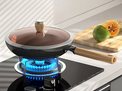 Non-stick Pan With Wooden Handle And Transparent Lid On Gas Stove With Blue Flame 3d model