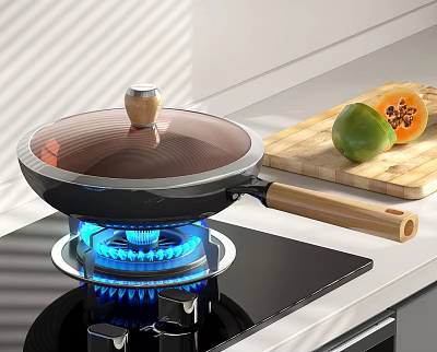 Non-stick Pan With Wooden Handle And Transparent Lid On Gas Stove With Blue Flame 3d model