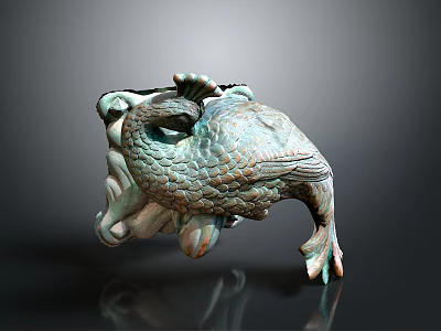 Ancient Bronze Mythical Flying Creature Sculpture Featuring Detailed Feathered Texture 3d model