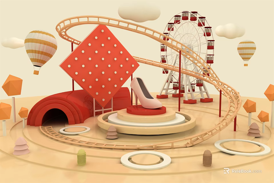 Colorful Photo Spot With Roller Coaster Ferris Wheel Hot Air Balloon And High Heel Model 3d model 