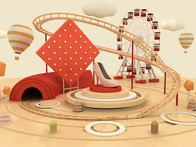 Colorful Photo Spot With Roller Coaster Ferris Wheel Hot Air Balloon And High Heel Model 3d model