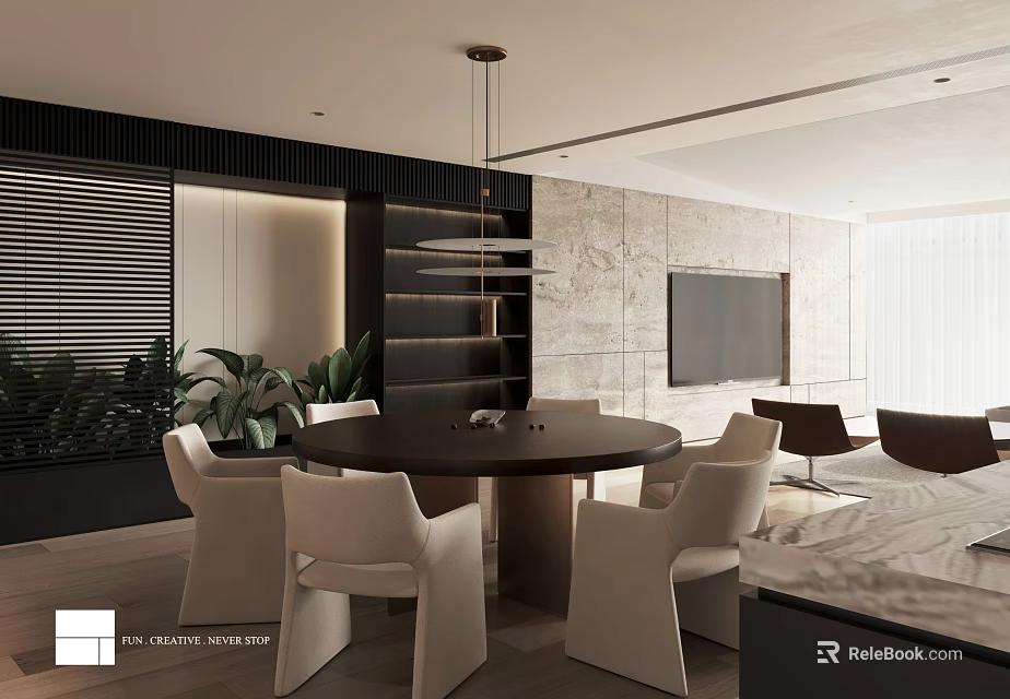 Modern Open Living Dining Area With Black Table White Chairs Marble Wall And TV 3d model 