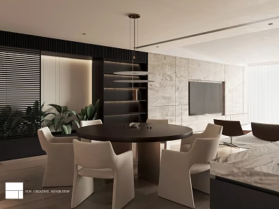 Modern Open Living Dining Area With Black Table White Chairs Marble Wall And TV 3d model