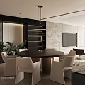 Modern Open Living Dining Area With Black Table White Chairs Marble Wall And TV