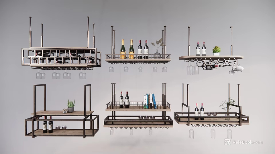 Modern Wine Cabinet Designs With Hanging Racks And Decorative Plants 3d model 
