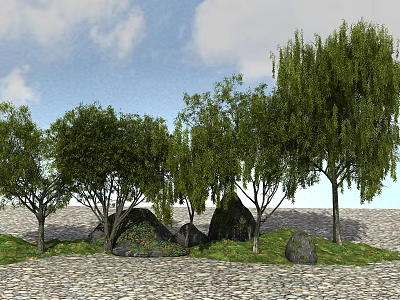 Lush Green Arbor Trees With Various Species Rocks Grass Paved Ground And Cloudy Sky 3d model
