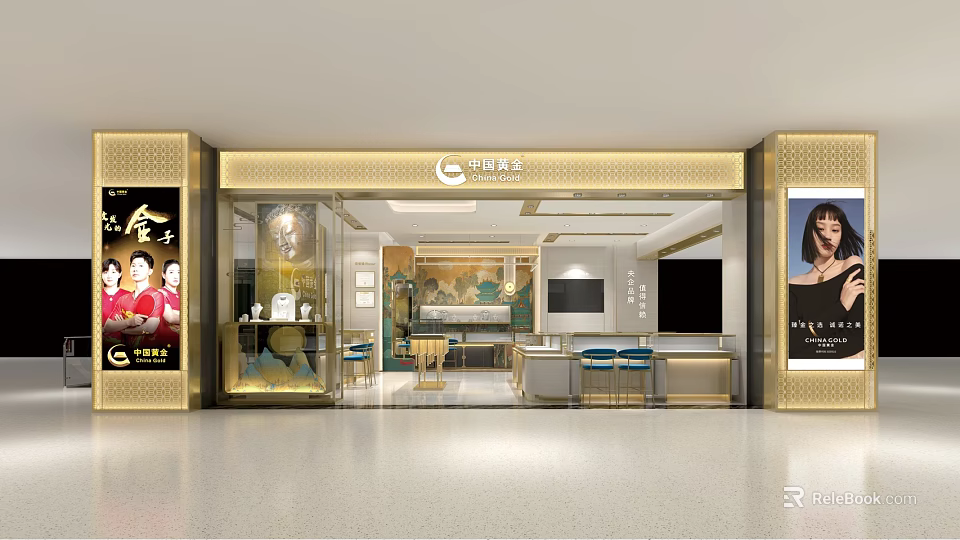 Elegant Jewelry Store Interior Exterior With Gold Decor And Glass Display Cases 3d model 