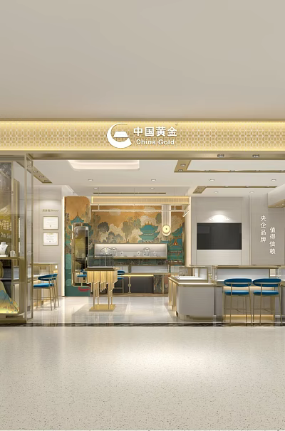 Elegant Jewelry Store Interior Exterior With Gold Decor And Glass Display Cases 3d model