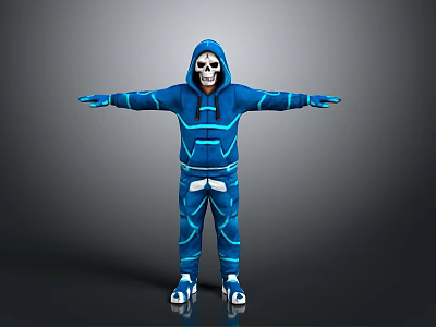 Futuristic Skeleton Masked Character In Blue Hoodie With Glowing Lines And Outstretched Arms 3d model