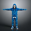 Futuristic Skeleton Masked Character In Blue Hoodie With Glowing Lines And Outstretched Arms