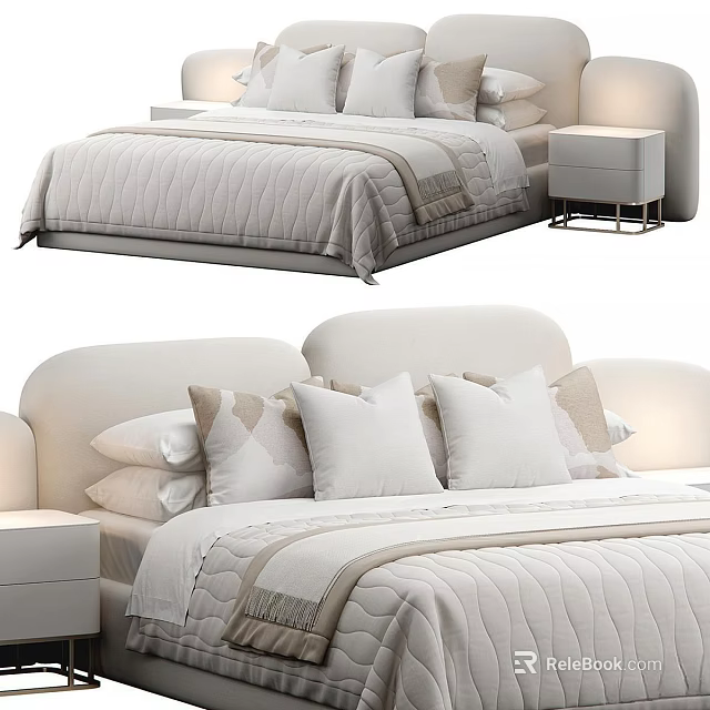 Elegant Modern Double Bed With Quilted Bedspread Decorative Pillows And Nightstand 3d model 